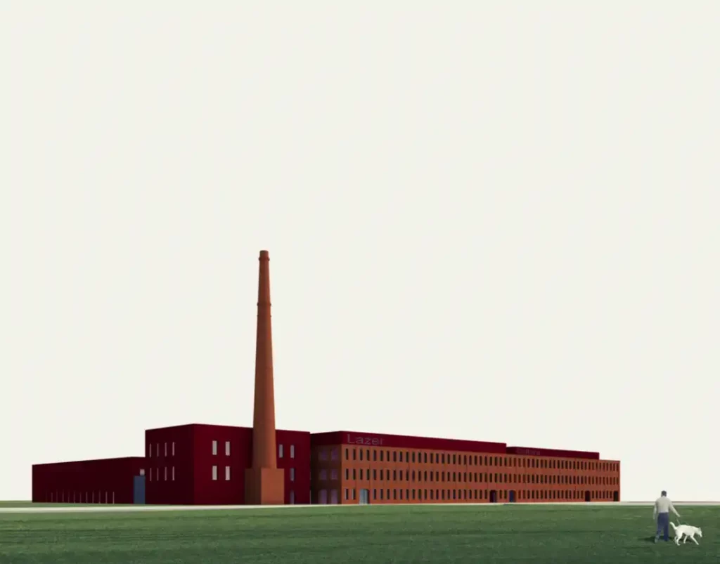 Southwest view of the shopping with the old industrial chimney