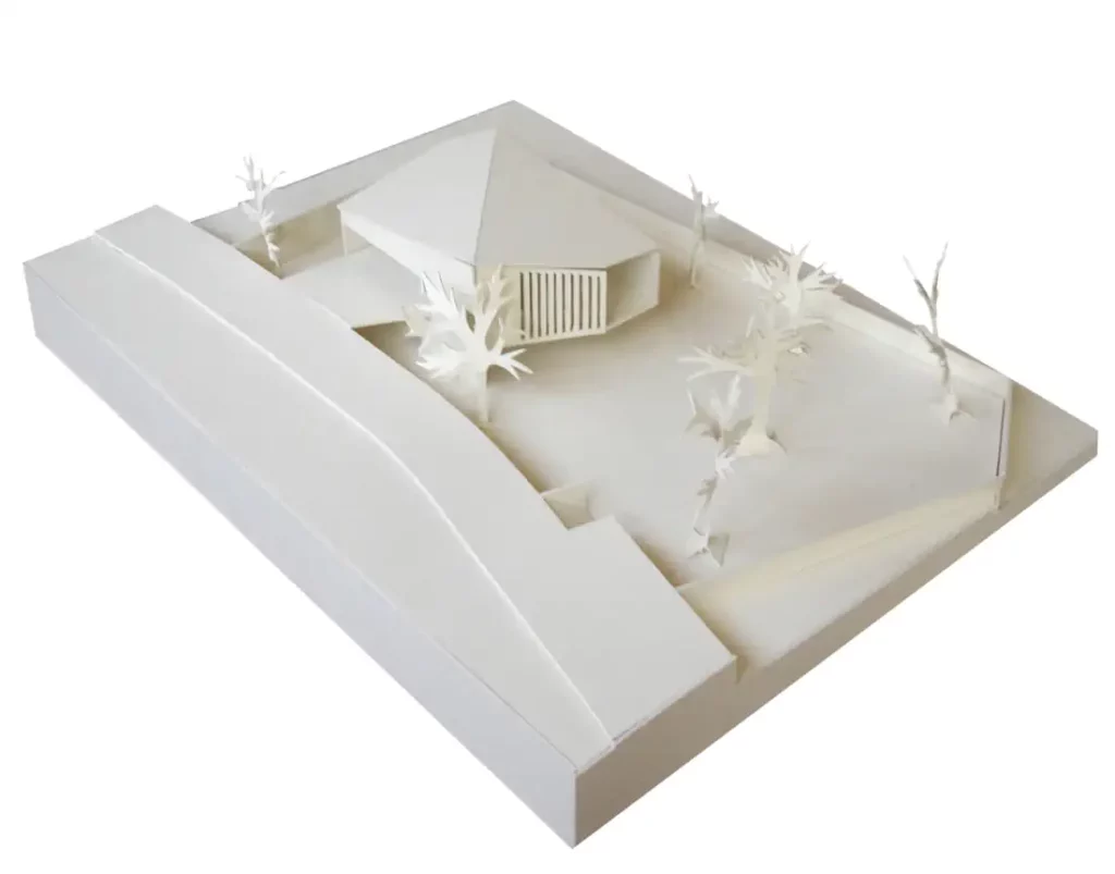 Model showcasing the contemporary house facade to the street