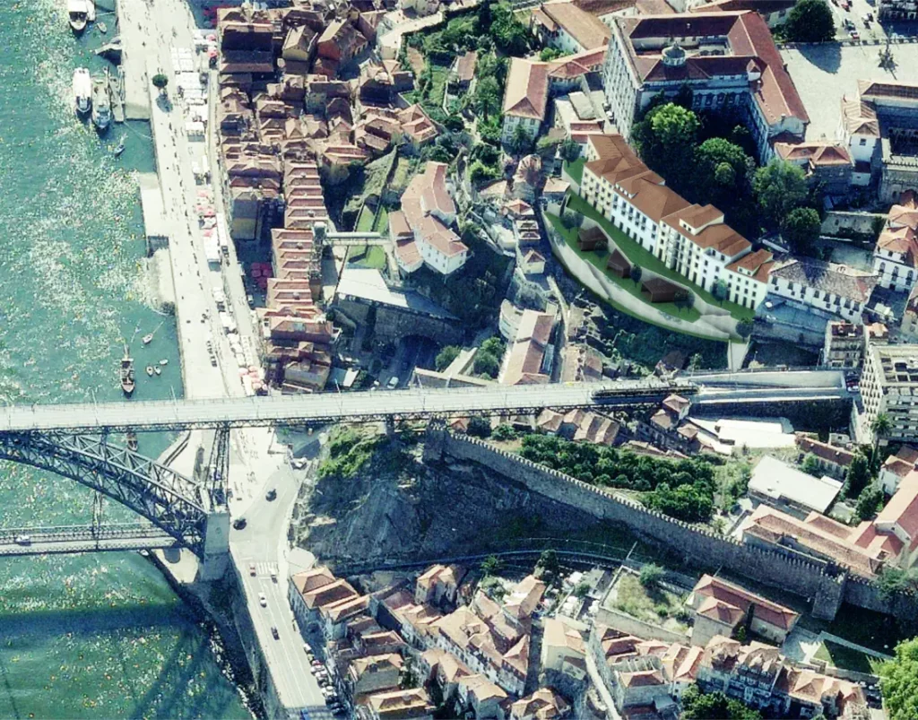 Aerial photo of the Porto city centre with the hotel gardens