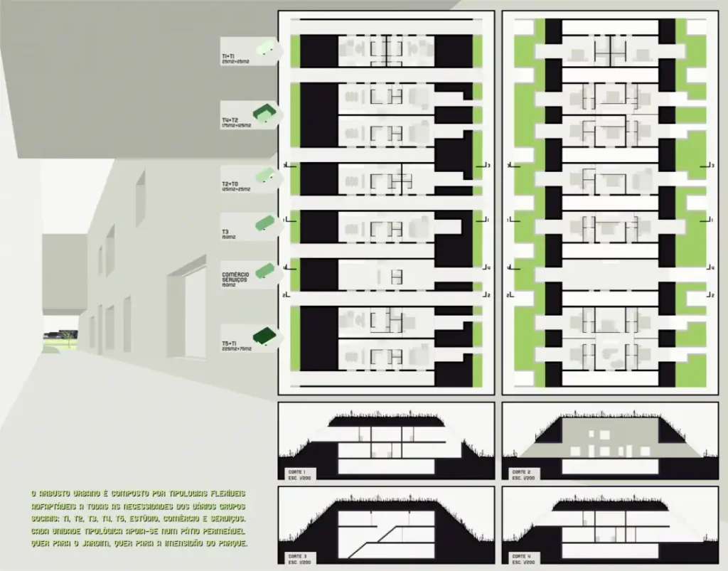 Eco houses plans with sections and patio perspective