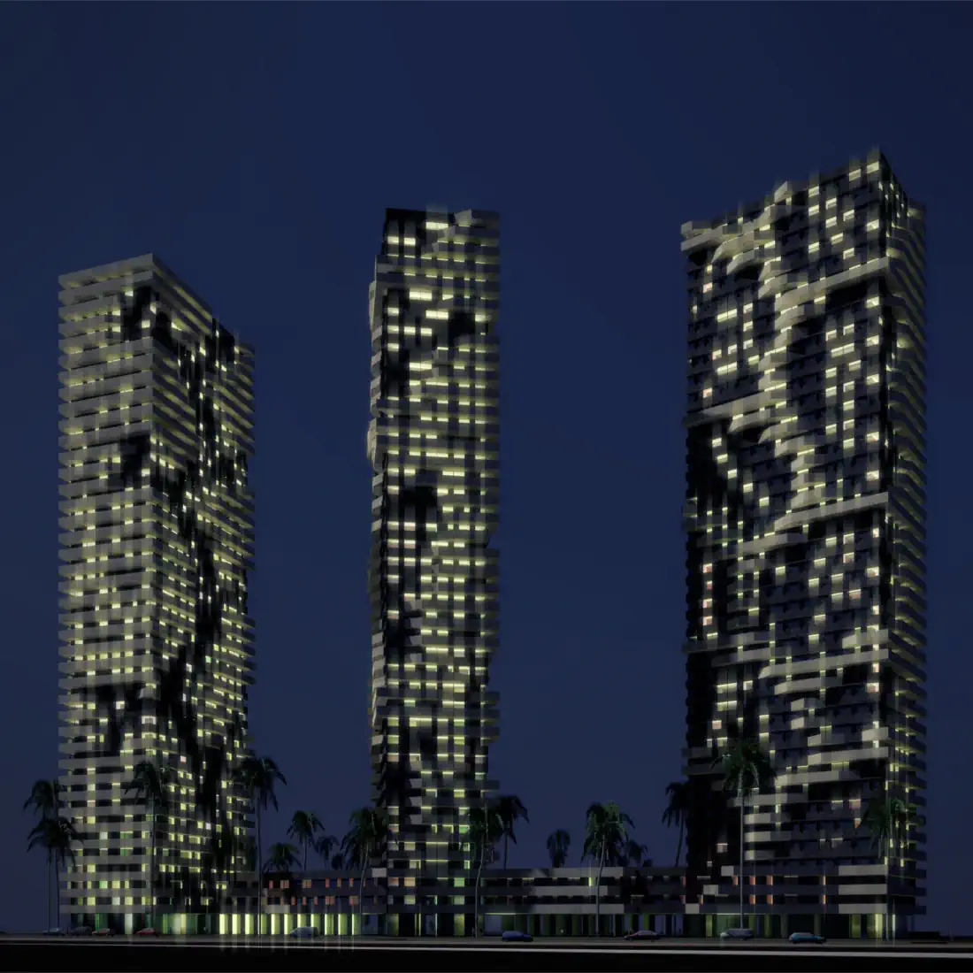 Night perspective of the Residential towers and shopping center