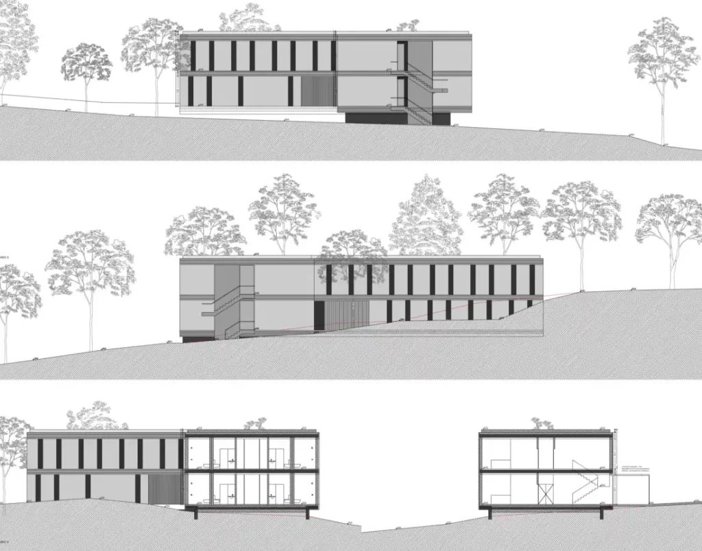 Secciones del edificio y del jardín