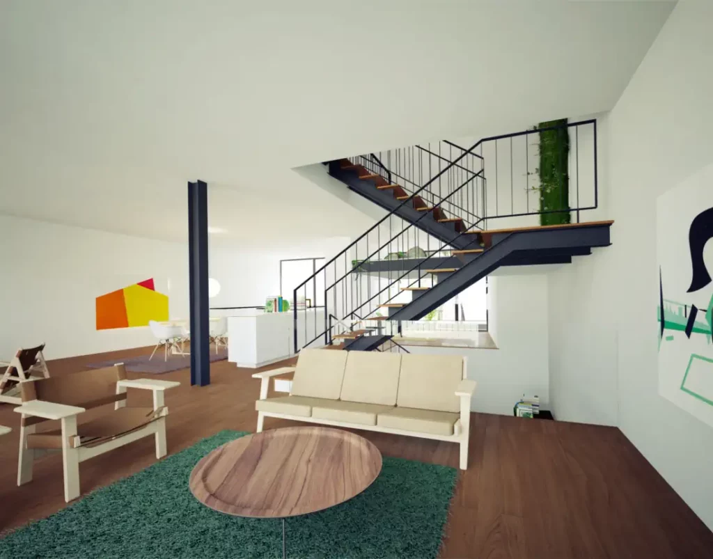 Living room with steel staircase