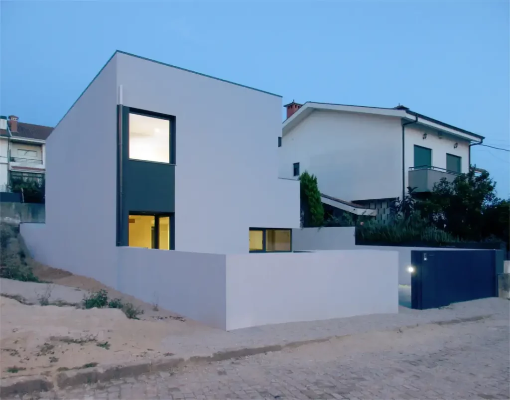 Street view of the functional house at sunset