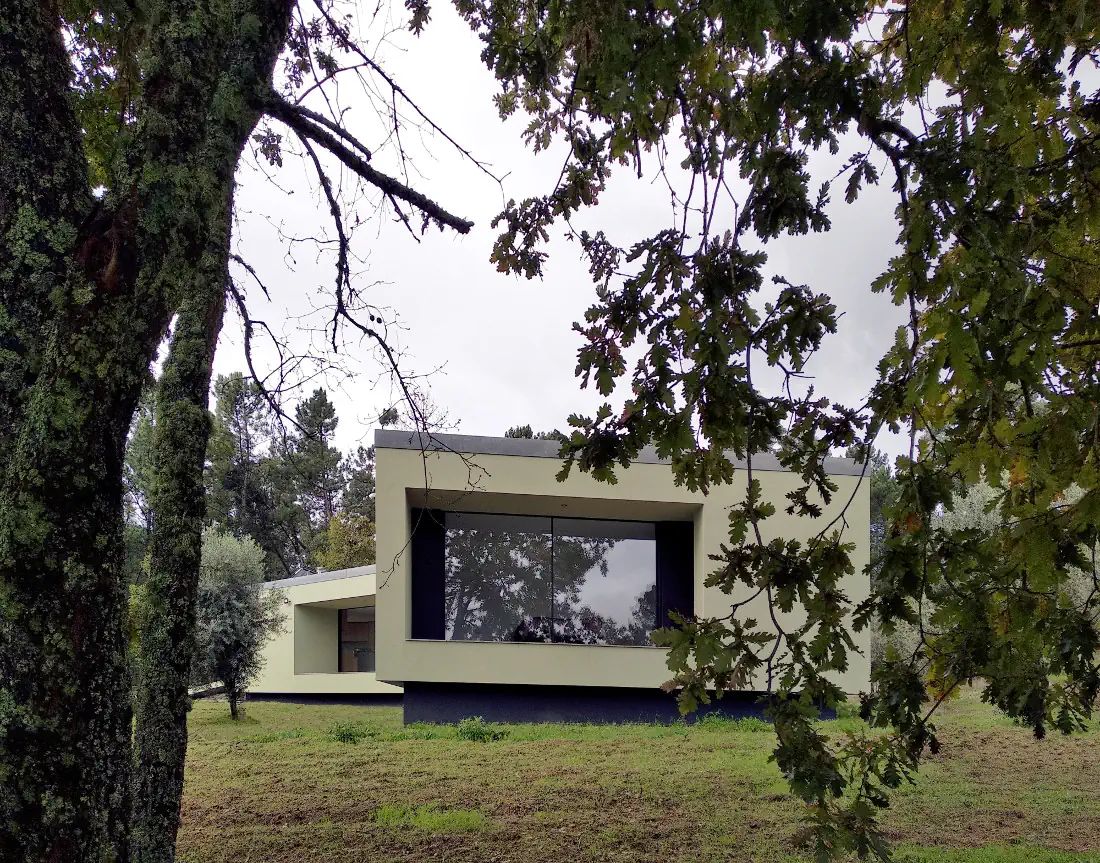 Bioclimatic house behind an oak tree