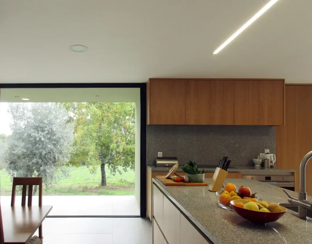 Open kitchen with large windows on the dining area