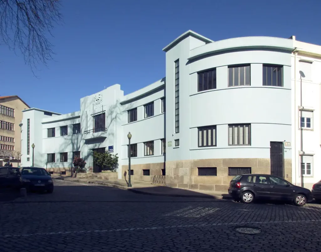 The historic building with its curved facade